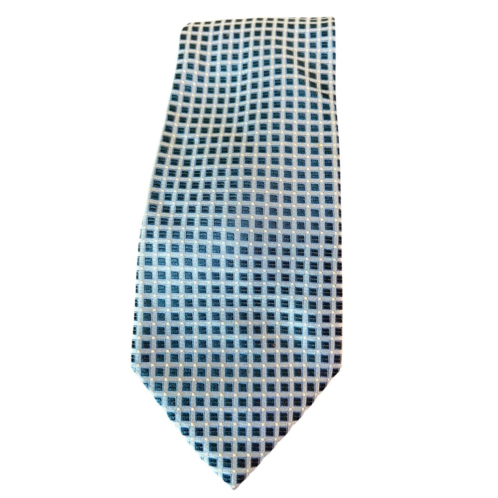 Jones New York JNY Mens Silk Tie Light Blue Navy Geometric Square Grid Classic